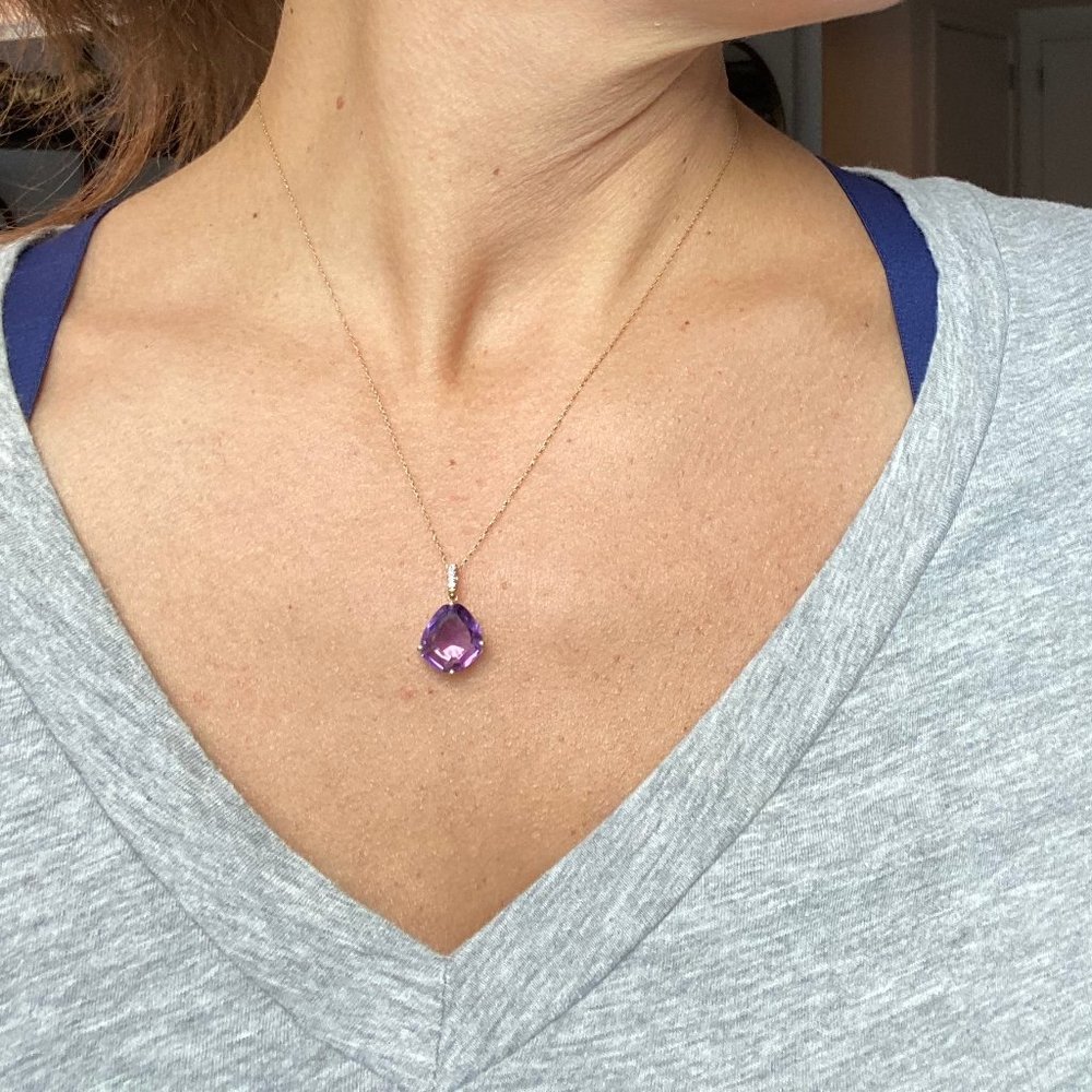 Purple 4.22 Carat Amethyst and Diamond Necklace 18" Yellow 14K Gold Chain - Picture 3 of 12
